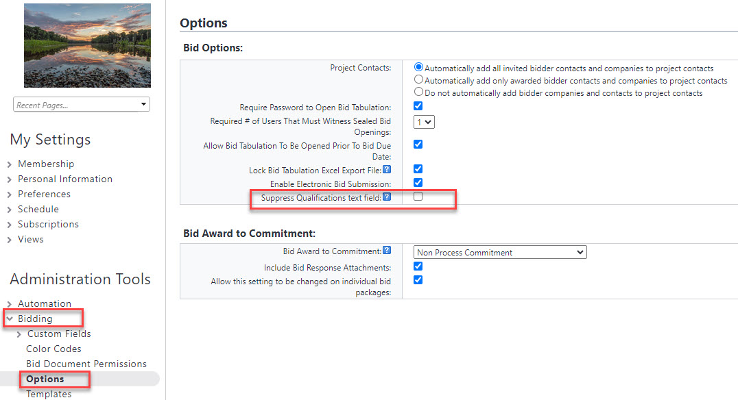 Suppress Qualifications text field check box on the Bid Options page